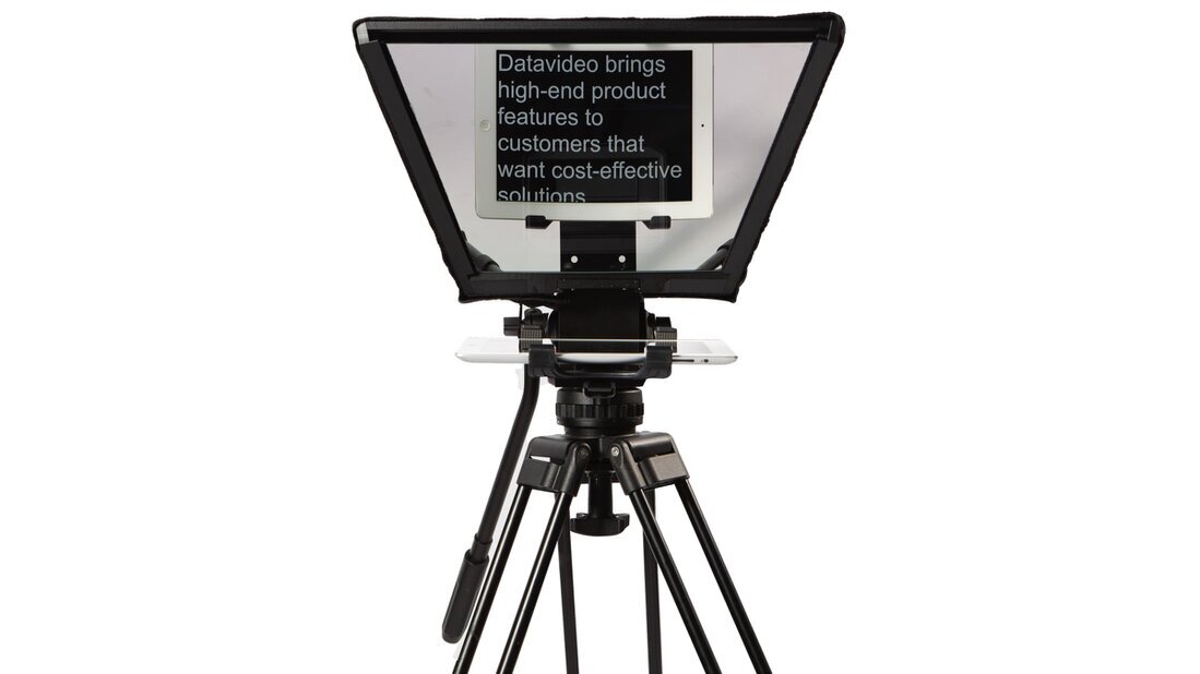 Desktop teleprompter in use