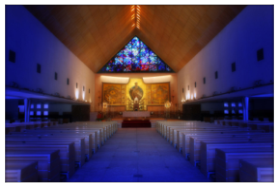 Audio visual setup with stage lighting and speakers